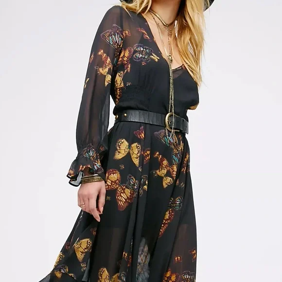Free People Butterfly Skies Black Sheer Handkerchief Asymmetrical Smock Dress XS - Picture 10 of 16